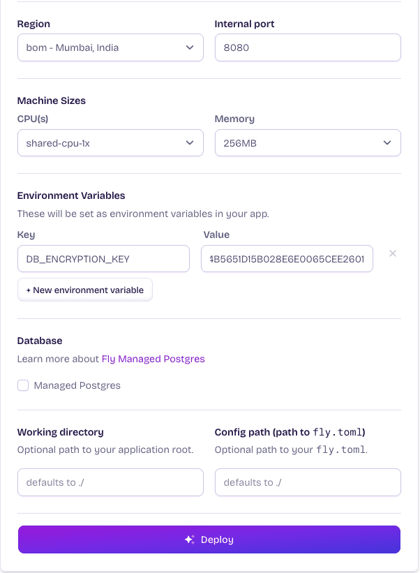 Fly dashboard "Environment Variables" screen