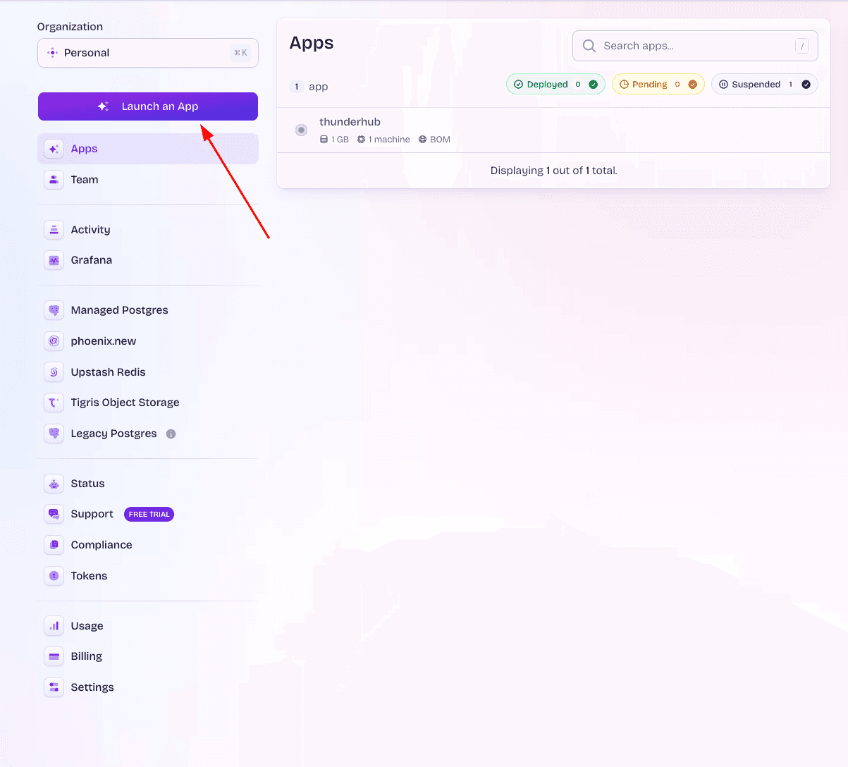 Fly dashboard "Launch an app" screen